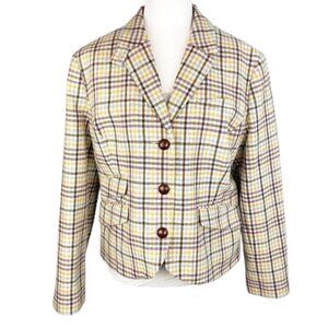 L.L. Bean Wool Tweed Blazer Striped Leather Buttons 4 Front Faux Pocket Sz 16